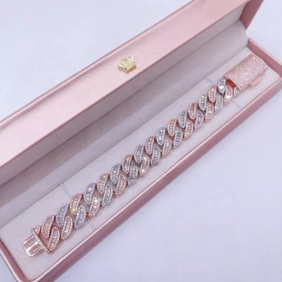Iced Out Two-Tone Rosegold VVS Baguette Moissanite diamond Cuban Link Bracelet - Picture 5 of 5